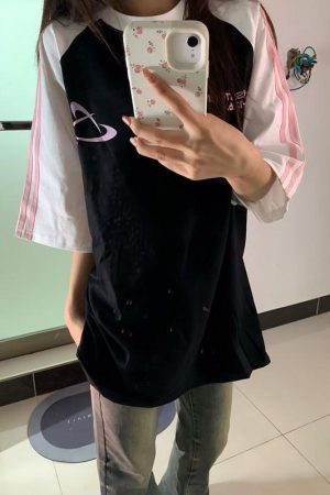 Color-Block Short Sleeve T-Shirt for Girls - Three-Stripe Raglan Design, Summer Fashion for Middle and High School Students