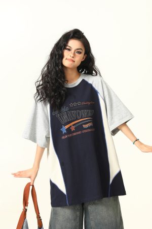 Color Block Short Sleeve T-Shirt for Men and Women - Vintage American Style Loose Couple Top for Summer