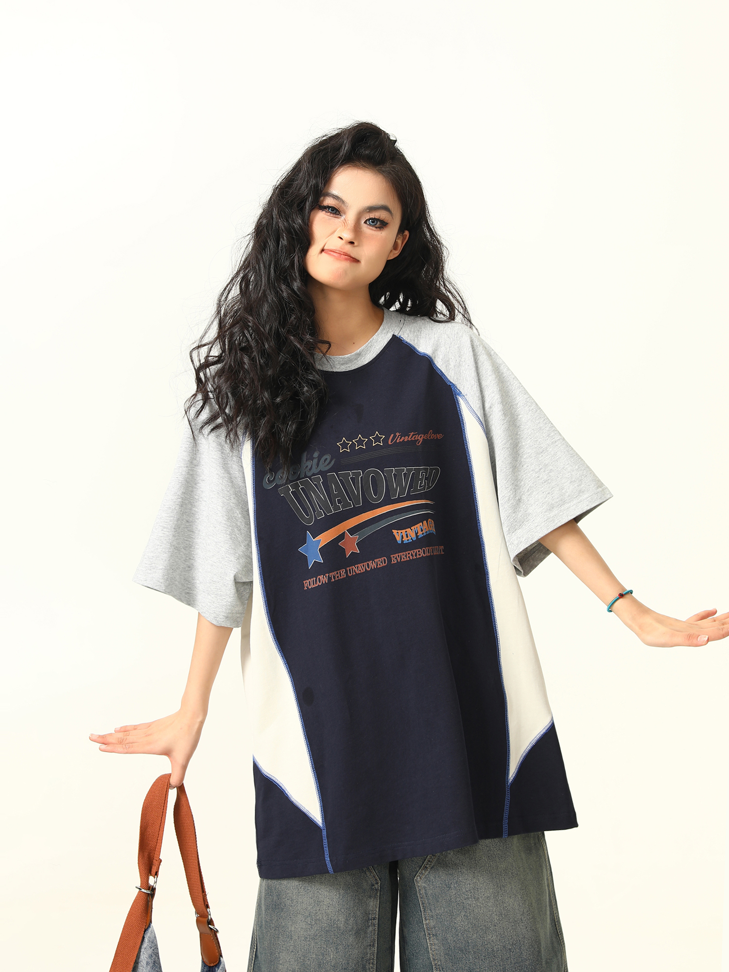 Color Block Short Sleeve T-Shirt for Men and Women - Vintage American Style Loose Couple Top for Summer