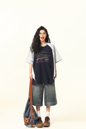 Color Block Short Sleeve T-Shirt for Men and Women - Vintage American Style Loose Couple Top for Summer