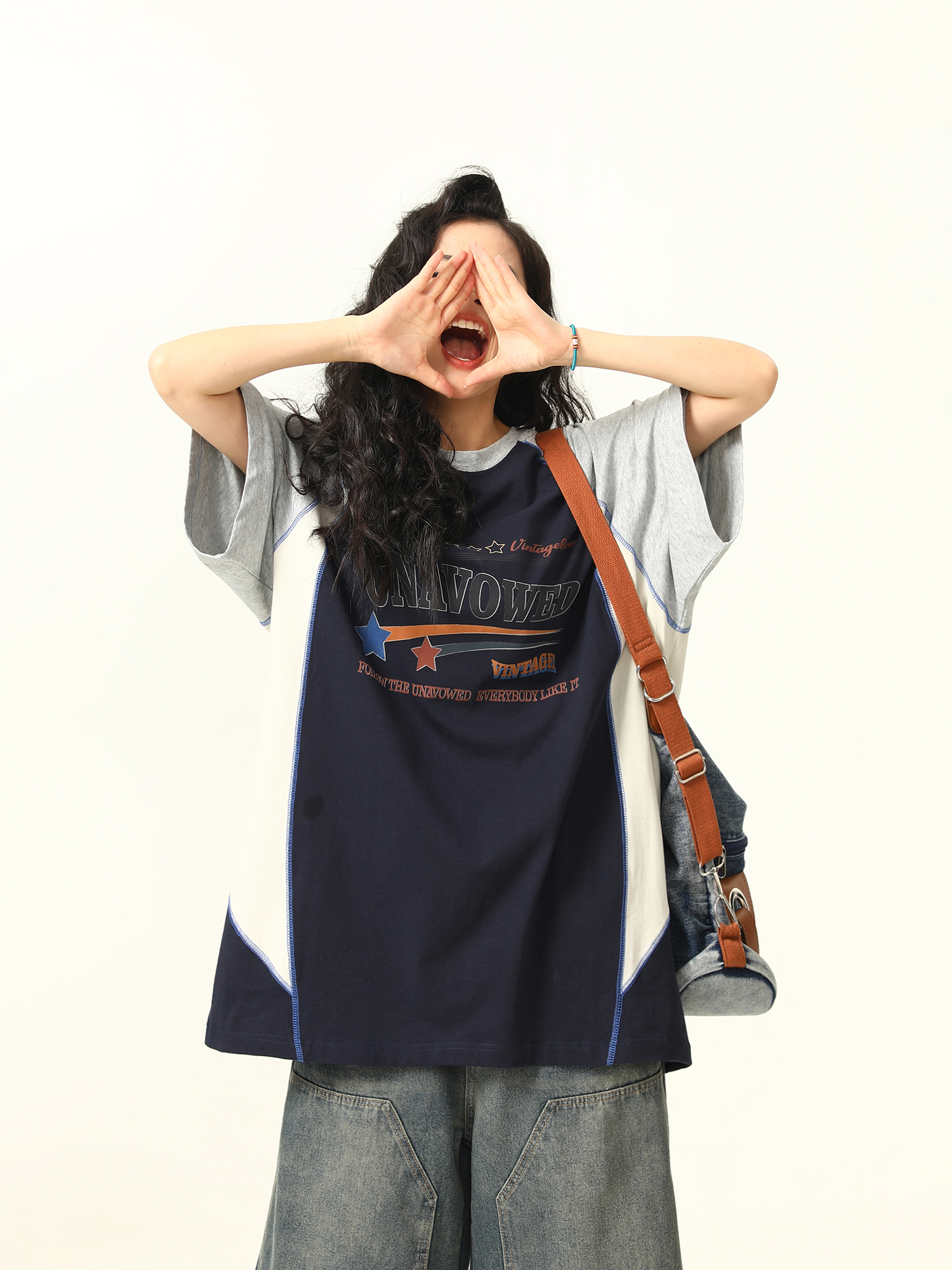 Color Block Short Sleeve T-Shirt for Men and Women - Vintage American Style Loose Couple Top for Summer