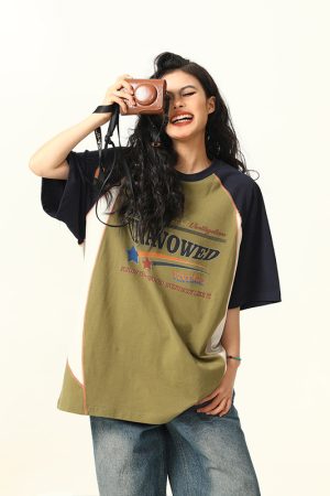 Color Block Short Sleeve T-Shirt for Men and Women - Vintage American Style Loose Couple Top for Summer