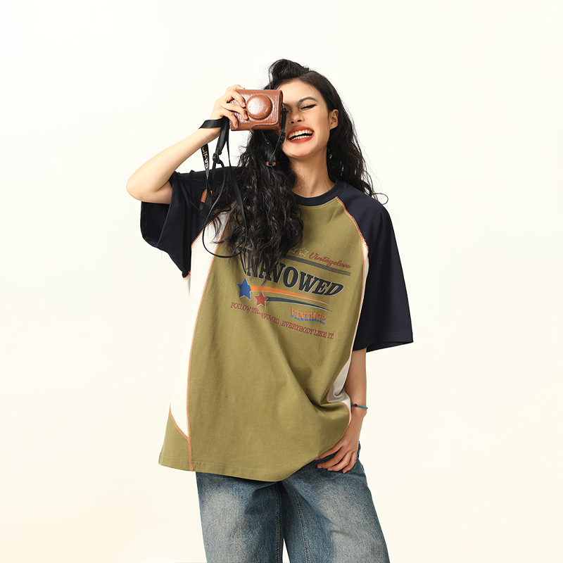 Color Block Short Sleeve T-Shirt for Men and Women - Vintage American Style Loose Couple Top for Summer