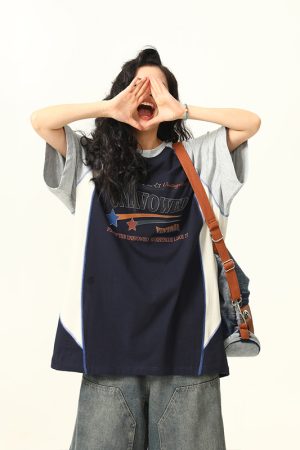 Color Block Short Sleeve T-Shirt for Men and Women - Vintage American Style Loose Couple Top for Summer