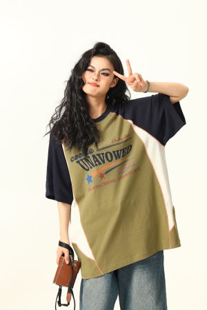 Color Block Short Sleeve T-Shirt for Men and Women - Vintage American Style Loose Couple Top for Summer