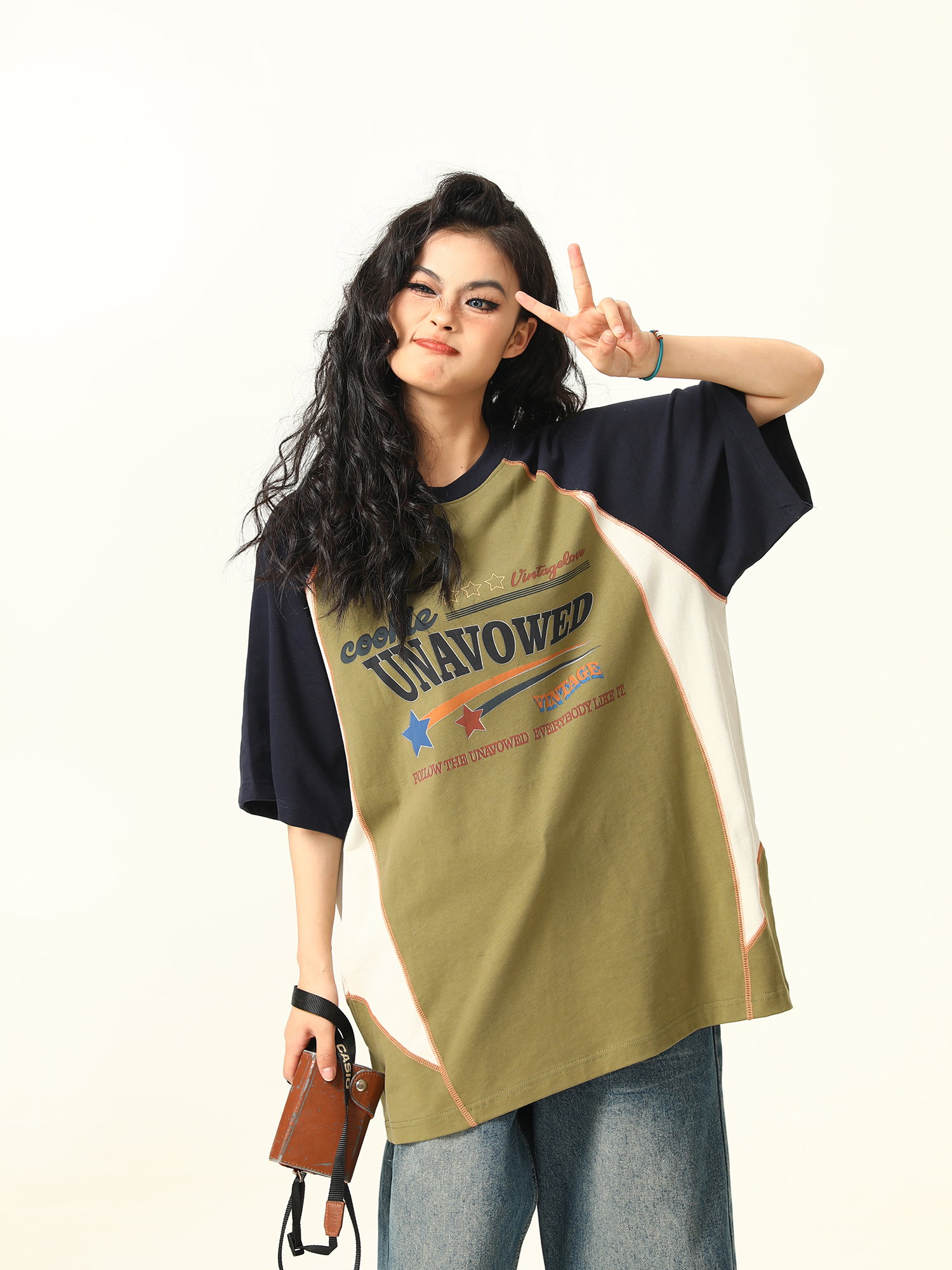 Color Block Short Sleeve T-Shirt for Men and Women - Vintage American Style Loose Couple Top for Summer