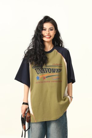 Color Block Short Sleeve T-Shirt for Men and Women - Vintage American Style Loose Couple Top for Summer