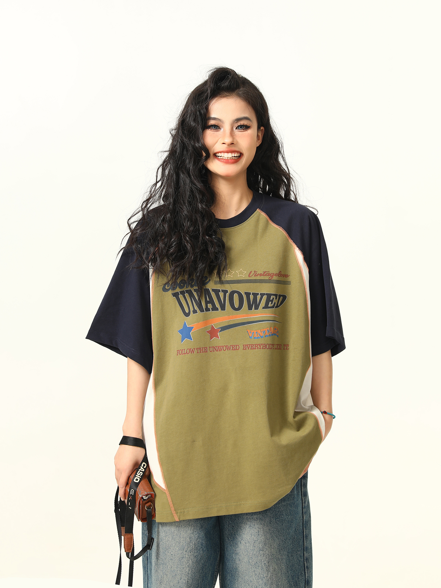 Color Block Short Sleeve T-Shirt for Men and Women - Vintage American Style Loose Couple Top for Summer