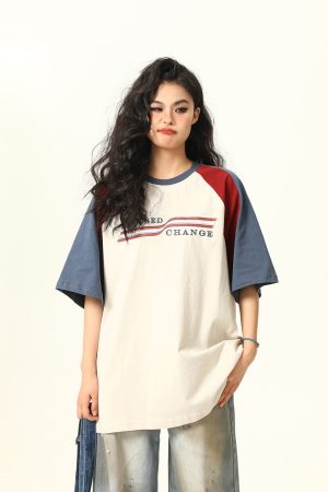 Color Block Spliced Raglan Short Sleeve T-Shirt for Couples - Vintage American Style Unisex Loose Fit Tee