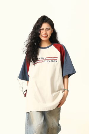 Color Block Spliced Raglan Short Sleeve T-Shirt for Couples - Vintage American Style Unisex Loose Fit Tee