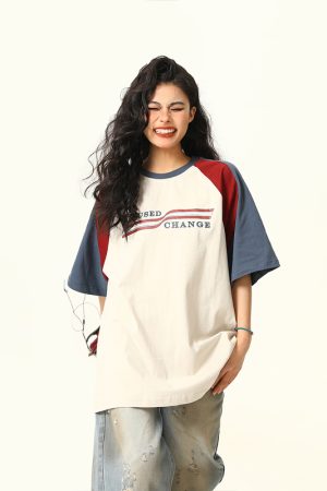 Color Block Spliced Raglan Short Sleeve T-Shirt for Couples - Vintage American Style Unisex Loose Fit Tee