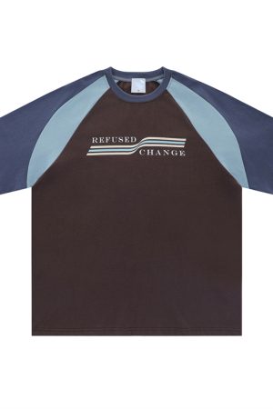 Color Block Spliced Raglan Short Sleeve T-Shirt for Couples - Vintage American Style Unisex Loose Fit Tee