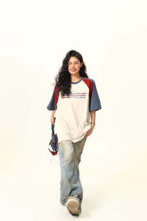 Color Block Spliced Raglan Short Sleeve T-Shirt for Couples - Vintage American Style Unisex Loose Fit Tee