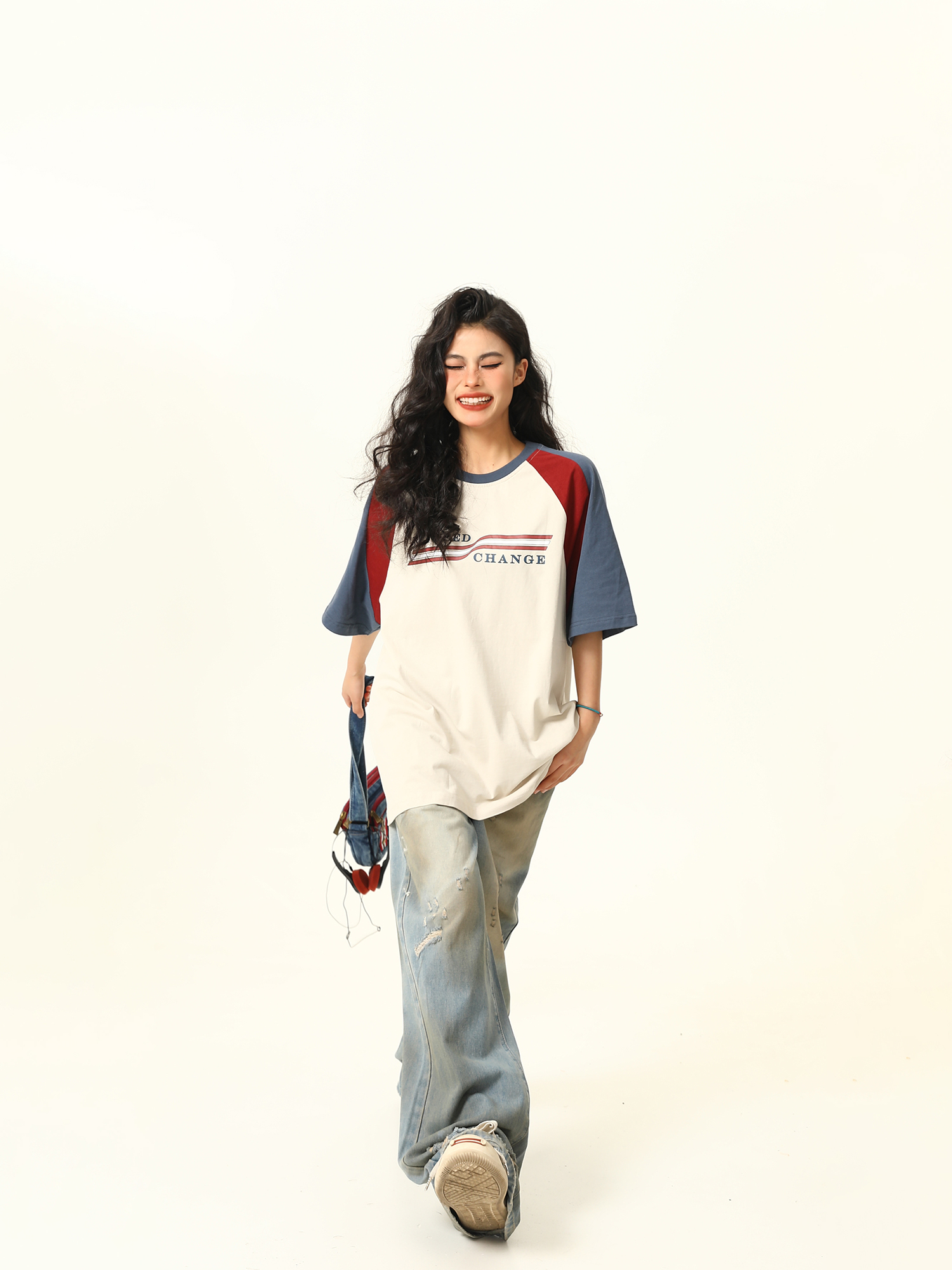 Color Block Spliced Raglan Short Sleeve T-Shirt for Couples - Vintage American Style Unisex Loose Fit Tee