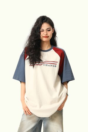 Color Block Spliced Raglan Short Sleeve T-Shirt for Couples - Vintage American Style Unisex Loose Fit Tee
