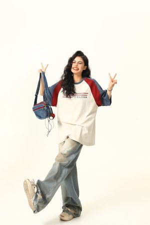 Color Block Spliced Raglan Short Sleeve T-Shirt for Couples - Vintage American Style Unisex Loose Fit Tee