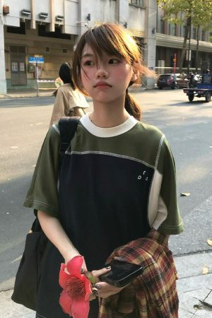 Color-Block Splicing Heavyweight Raglan T-Shirt for Women - American Retro Summer Loose Casual Top