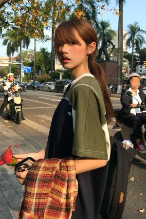 Color-Block Splicing Heavyweight Raglan T-Shirt for Women - American Retro Summer Loose Casual Top