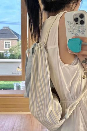 Color-Block Striped Canvas Shoulder Tote Bag - Stylish Drawstring Backpack for Commuting and Everyday Use