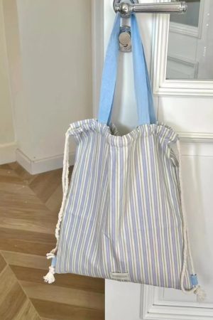 Color-Block Striped Canvas Shoulder Tote Bag - Stylish Drawstring Backpack for Commuting and Everyday Use