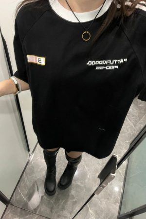 Color-Block Striped Heavy Shoulder Short Sleeve T-Shirt for Girls - American High Street Style, Trendy 2025 Fashion for Teens