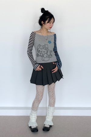 Color-Block Striped Long Sleeve Top with One-Word Collar - Lightweight Summer Fashion for Cool Girls