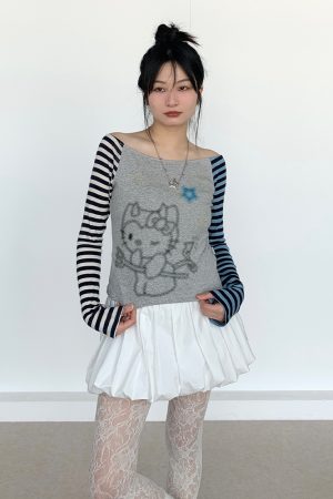 Color-Block Striped Long Sleeve Top with One-Word Collar - Lightweight Summer Fashion for Cool Girls