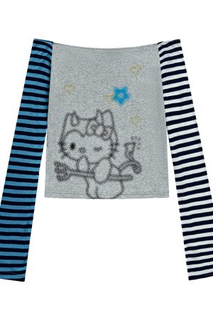 Color-Block Striped Long Sleeve Top with One-Word Collar - Lightweight Summer Fashion for Cool Girls