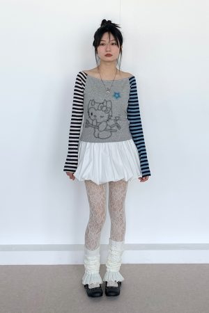 Color-Block Striped Long Sleeve Top with One-Word Collar - Lightweight Summer Fashion for Cool Girls