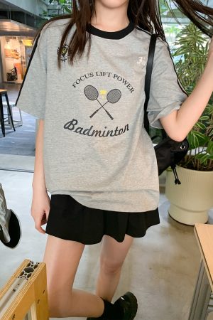 Color-Block Woven Strap Sports T-Shirt for Women - American Style Summer Top, Loose Fit, Slimming Design, Trendy Casual Wear