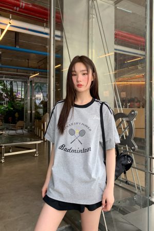 Color-Block Woven Strap Sports T-Shirt for Women - American Style Summer Top, Loose Fit, Slimming Design, Trendy Casual Wear