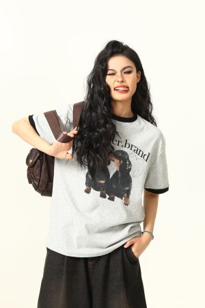 Color-Blocked American Retro Short Sleeve T-Shirt for Women - Trendy Summer Top for Small Dogs - Casual Fashion