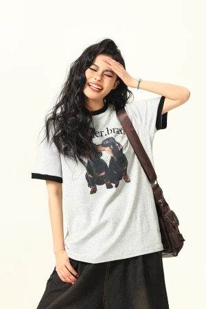 Color-Blocked American Retro Short Sleeve T-Shirt for Women - Trendy Summer Top for Small Dogs - Casual Fashion