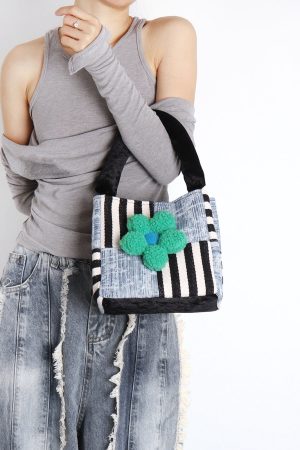 Color-Blocked Floral Handbag - Patchwork Denim Tote Bag, Large Capacity Crossbody Bucket Bag for Autumn/Winter Fashion