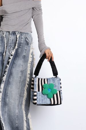 Color-Blocked Floral Handbag - Patchwork Denim Tote Bag, Large Capacity Crossbody Bucket Bag for Autumn/Winter Fashion