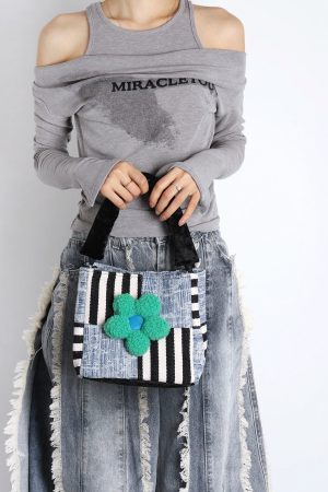 Color-Blocked Floral Handbag - Patchwork Denim Tote Bag, Large Capacity Crossbody Bucket Bag for Autumn/Winter Fashion