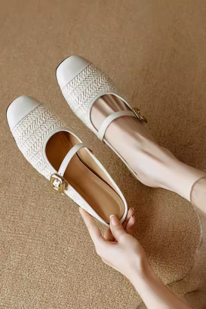 Color-Blocked Genuine Leather and Straw Woven Half-Drag Sandals for Women - Casual Height-Increasing Summer Fashion Footwear