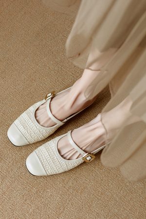 Color-Blocked Genuine Leather and Straw Woven Half-Drag Sandals for Women - Casual Height-Increasing Summer Fashion Footwear
