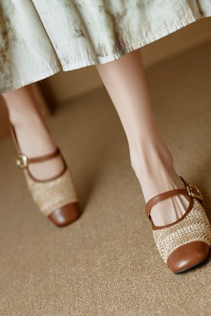 Color-Blocked Genuine Leather and Straw Woven Half-Drag Sandals for Women - Casual Height-Increasing Summer Fashion Footwear