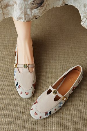 Color-Blocked Genuine Leather Round Toe Camellia Loafers for Women - Single Strap Low Chunky Heel Flats