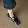 Color-Blocked Genuine Leather Round Toe Camellia Loafers for Women - Single Strap Low Chunky Heel Flats