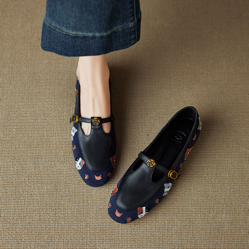 Color-Blocked Genuine Leather Round Toe Camellia Loafers for Women - Single Strap Low Chunky Heel Flats Color-Blocked Genuine Leather Round Toe Camellia Loafers for Women - Single Strap Low Chunky Heel Flats