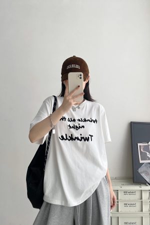 Color-Blocked Letter Embroidery Round Neck Short Sleeve T-Shirt for Women - Summer Loose Fit Slimming Korean Style Top