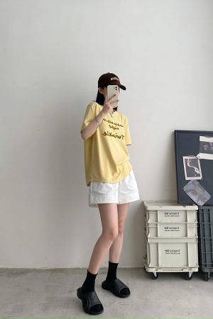 Color-Blocked Letter Embroidery Round Neck Short Sleeve T-Shirt for Women - Summer Loose Fit Slimming Korean Style Top