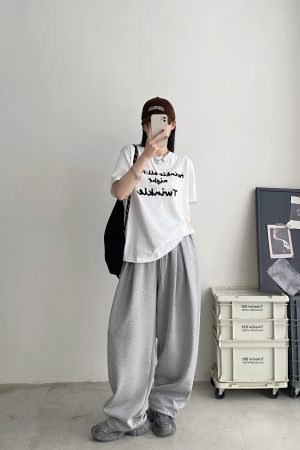 Color-Blocked Letter Embroidery Round Neck Short Sleeve T-Shirt for Women - Summer Loose Fit Slimming Korean Style Top