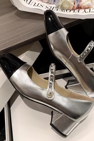 Color-Blocked Mary Jane Shoes - French Temperament, Elegant Evening Flats, Stylish Bridesmaid Footwear, Chic 90s-Inspired Design