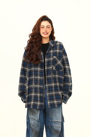 Color-Blocked Plaid Hooded Long Sleeve Shirt for Women - Retro 90s Street Style Loose Fit Trendy Top