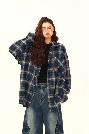 Color-Blocked Plaid Hooded Long Sleeve Shirt for Women - Retro 90s Street Style Loose Fit Trendy Top