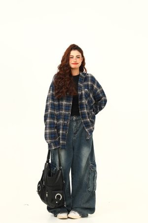 Color-Blocked Plaid Hooded Long Sleeve Shirt for Women - Retro 90s Street Style Loose Fit Trendy Top