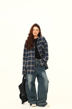 Color-Blocked Plaid Hooded Long Sleeve Shirt for Women - Retro 90s Street Style Loose Fit Trendy Top